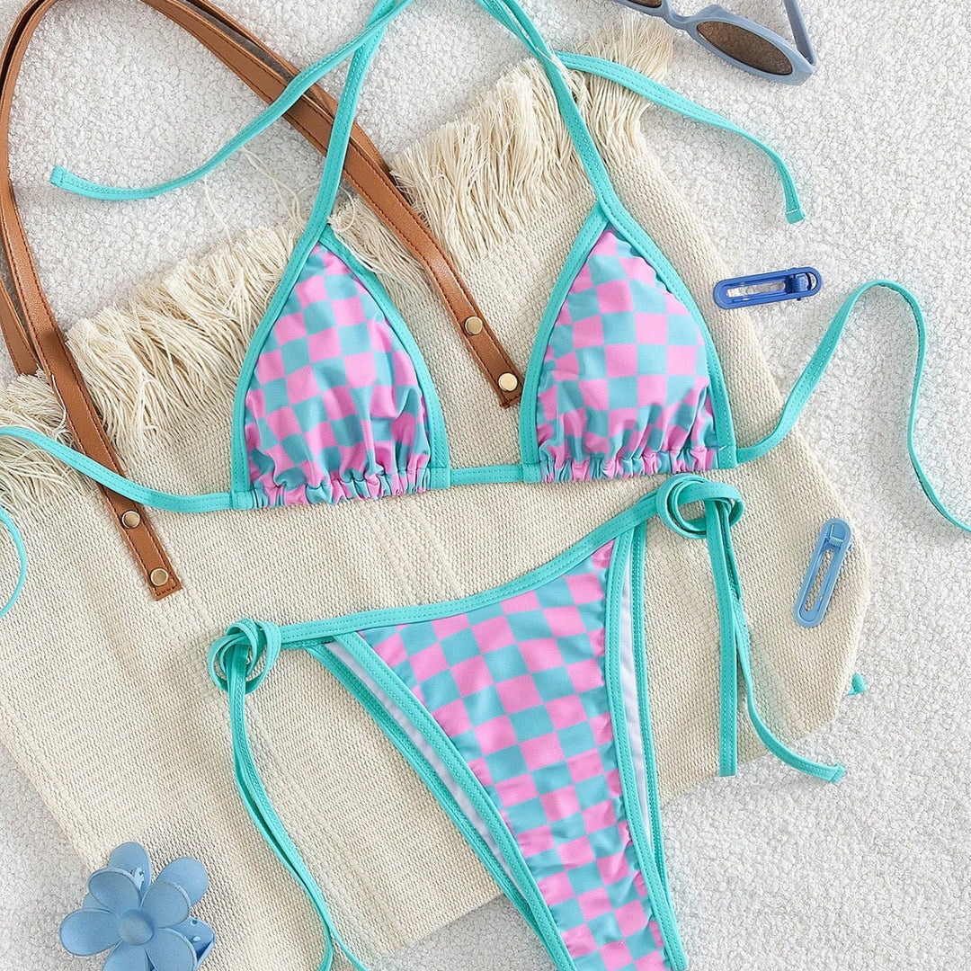Dame Triangel-Bikini med ternet mønster og raffinerede bindebånd Skovae