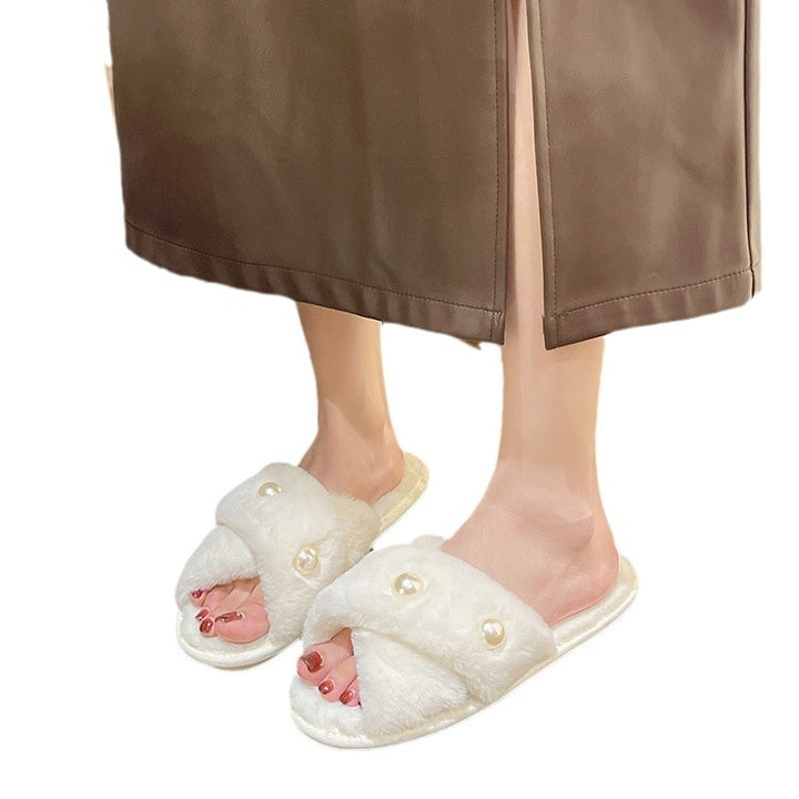 Damer Fuzzy Pantofler med mode perle accent Stilla
