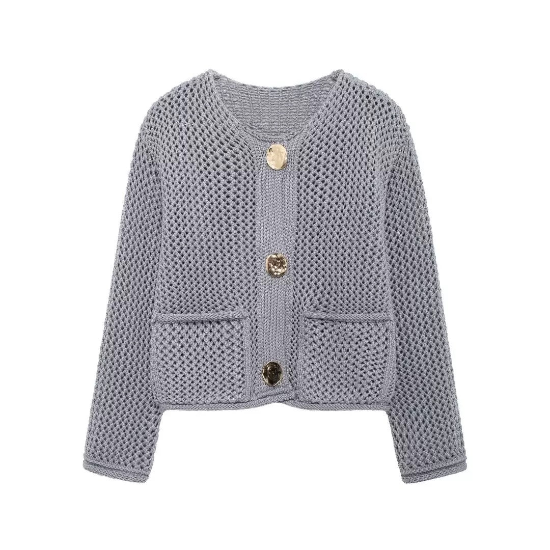 Kvinders cardigan med mesh struktur og store knapdetaljer Stilla