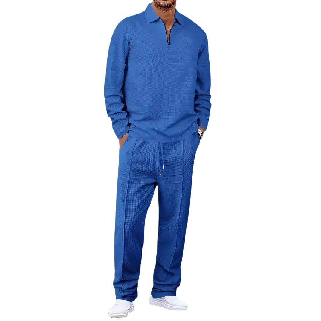 Unisex nan Vaffelstruktur Fritids-sæt med Halvzip-Polo-shirt og elastisk Bundbukser Skovae