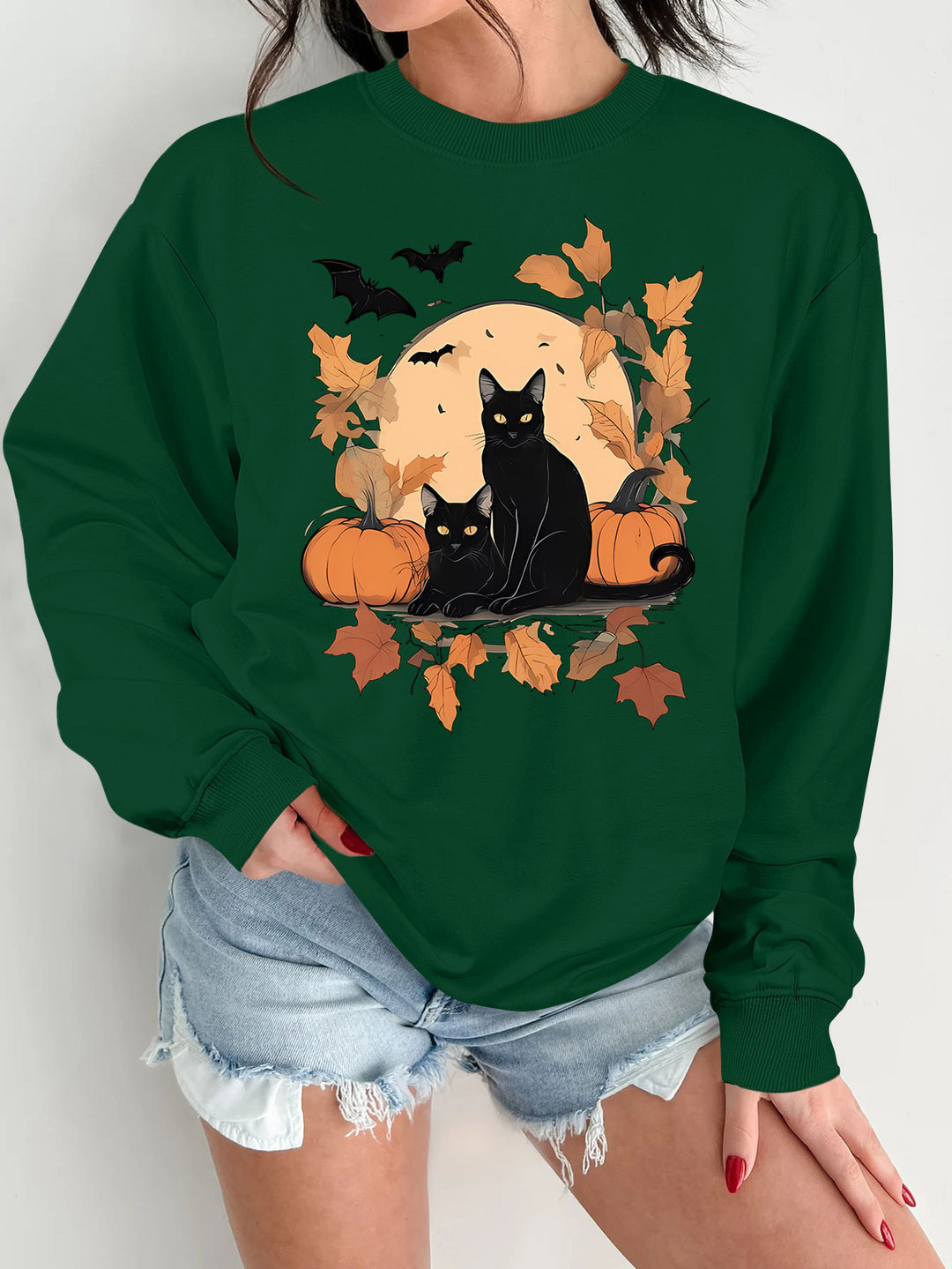 Dame sweatshirt med efterårs kat og græskar design Stilla