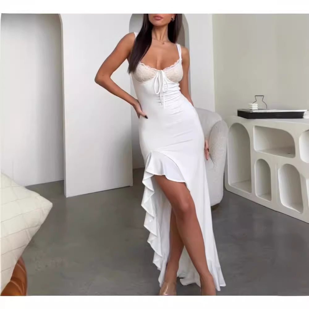 Damer Elegant Maxi Kjole med Blonde Korsage og Asymmetrisk Kant Skovae