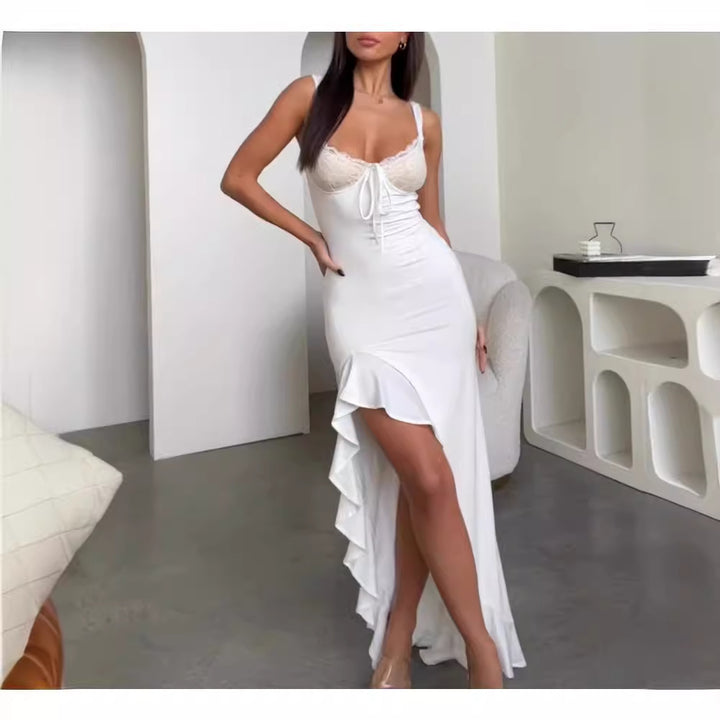 Damer Elegant Maxi Kjole med Blonde Korsage og Asymmetrisk Kant Skovae