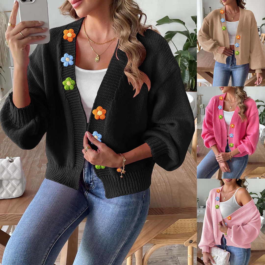 Dame Trendy Strikjakke med farverige Blomsterapplikationer Stilla