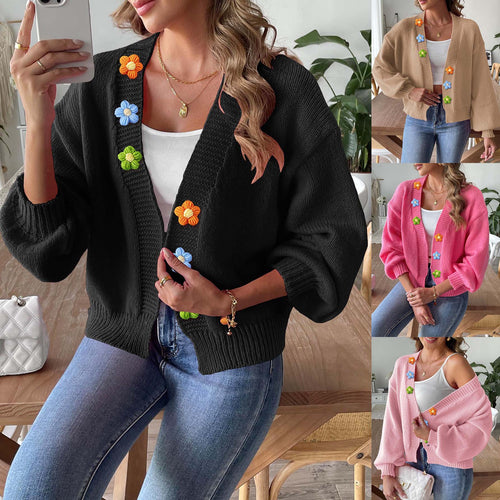Dame Trendy Strikjakke med farverige Blomsterapplikationer Stilla