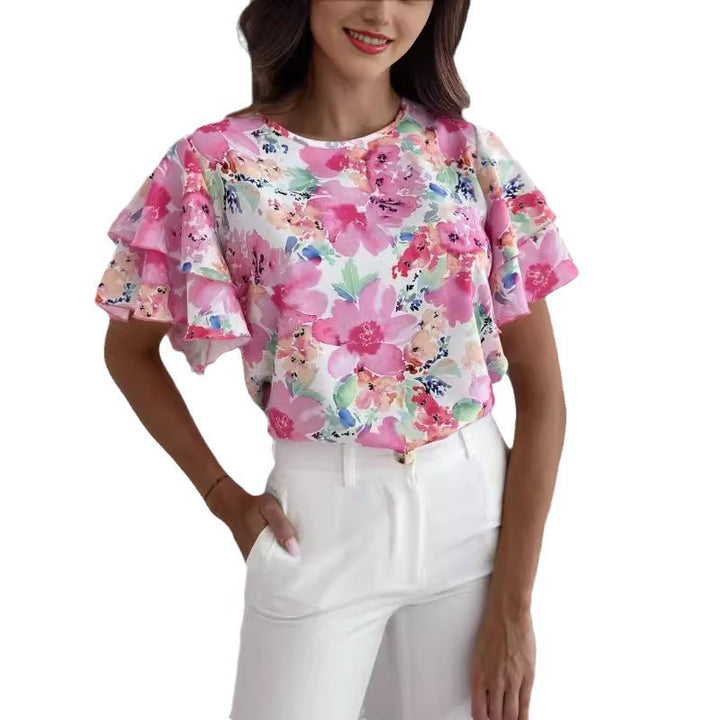 Dame Floral Flæsebluse med påsyede ærmer Stilla