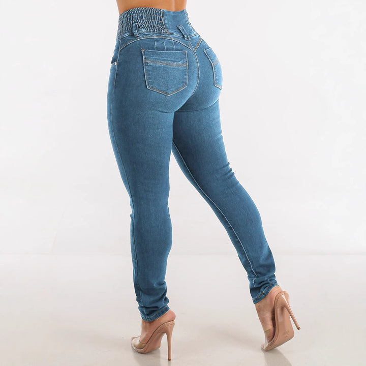 Dame høje jeans med elastisk talje og knapdetaljer Skovae