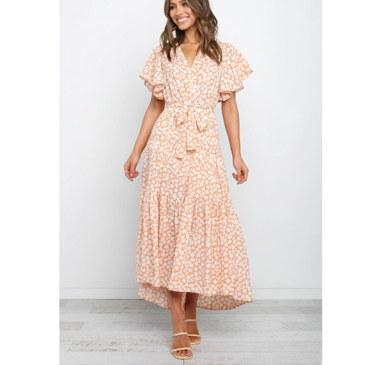 Femme Floral Vaffel Maxikjole med Flæser Stilla
