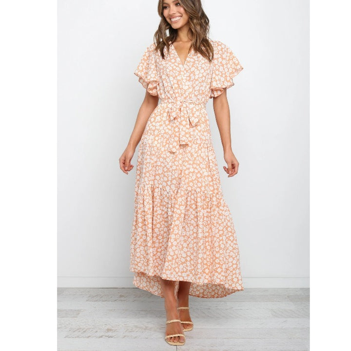 Femme Floral Vaffel Maxikjole med Flæser Stilla