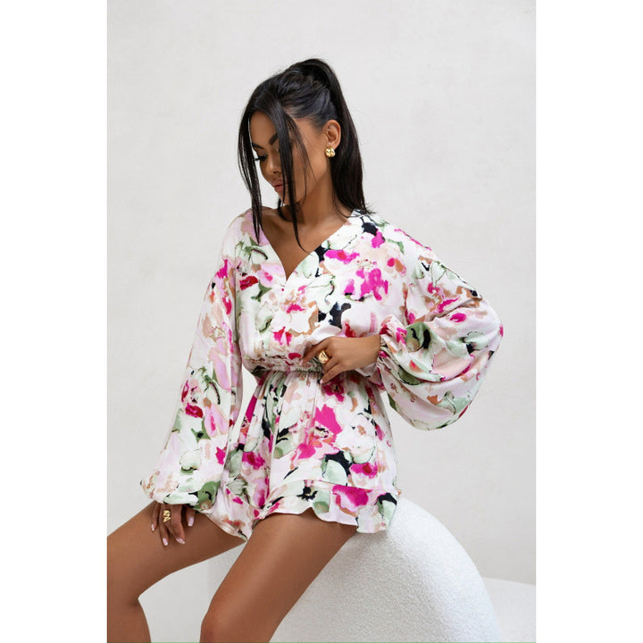 Dame Floral Print Halterneck Kjole med Vid Ærme Stilla