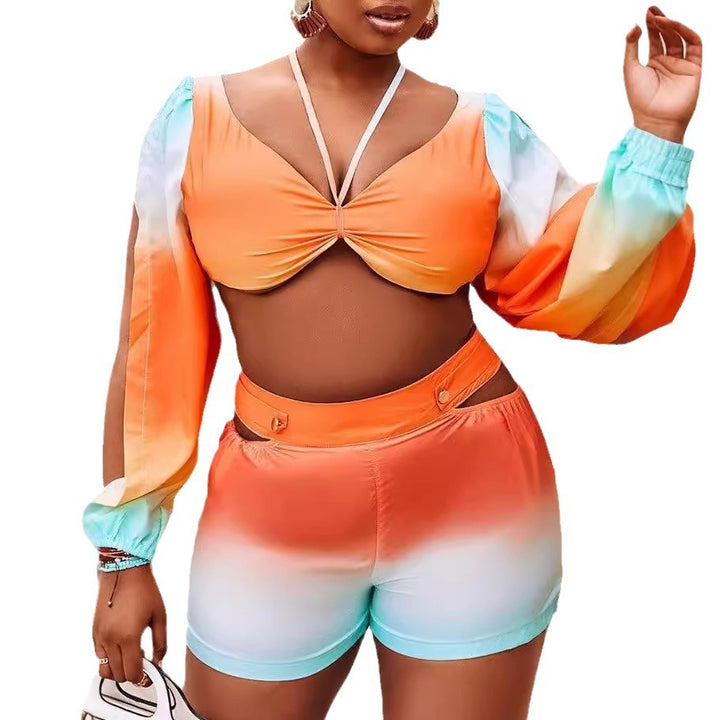 Dame crop top med off-shoulder ærmer og farvegradient design Skovae