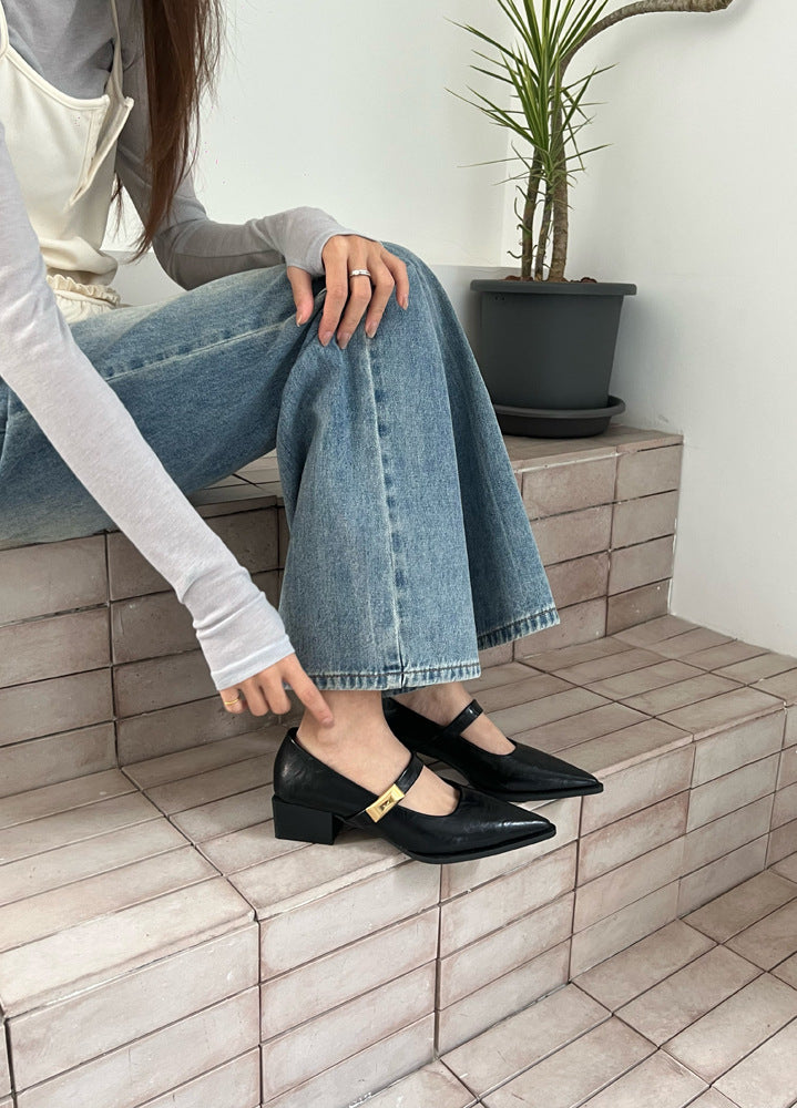Dame spidse tå blokhæle Mary Jane pumps med justerbar ankelsnor Stilla