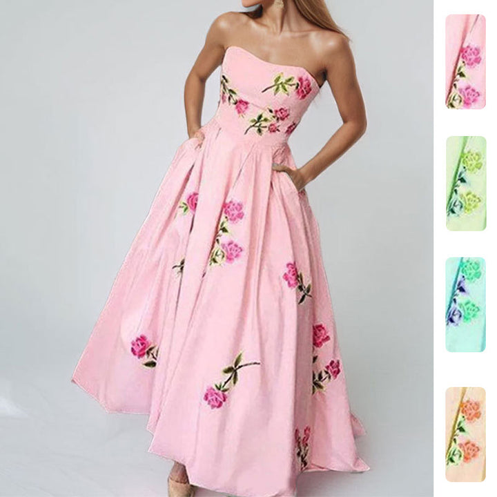 Damer Elegant Strapless Maxi Kjole med Blomsterdesign og Sidelommer Stilla