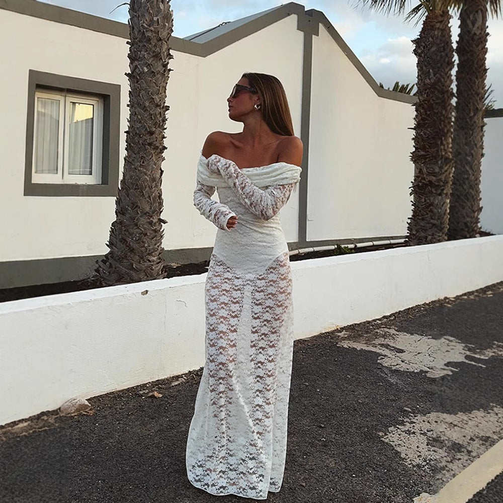 Dame Rynked Maxikjole med off-shoulder design og voluminøse ærmer Stilla