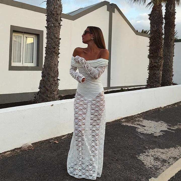 Dame Rynked Maxikjole med off-shoulder design og voluminøse ærmer Stilla