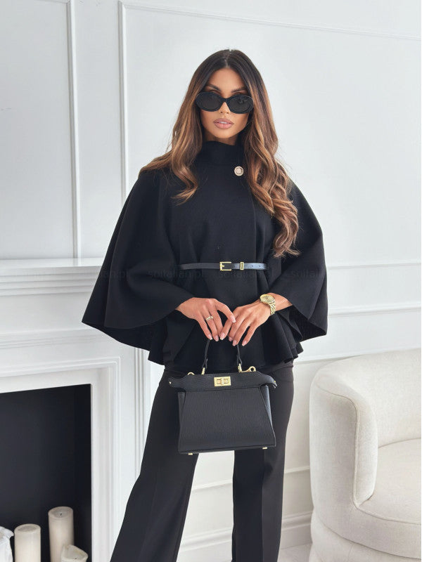 Dame elegant og stilfuld kort bluse med bælte og poncho-design Stilla