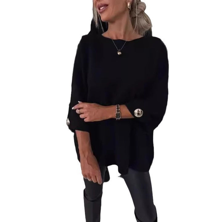 Kvinder Elegant Strik Sweater med Bred Skæring Ærmer og Knap Detaljer Stilla