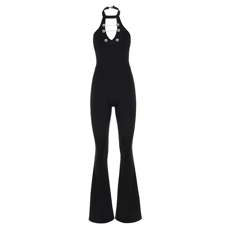 Dame Flydende Jumpsuit med høj afslutning og dekorative knapper Skovae