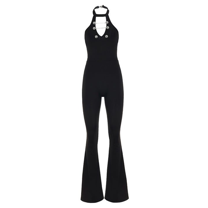 Dame Flydende Jumpsuit med høj afslutning og dekorative knapper Skovae