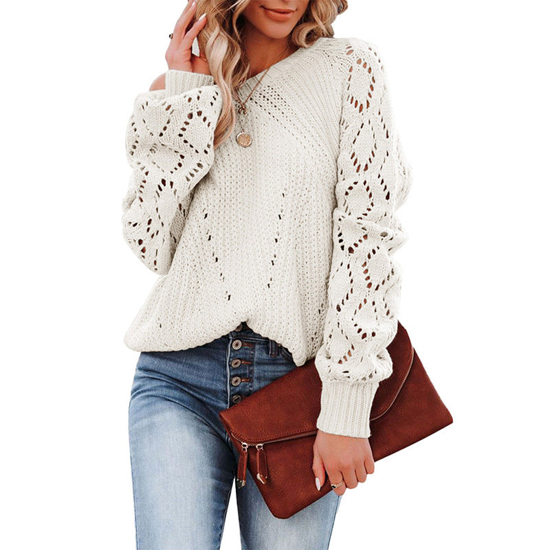 Kvinders strikket sweater med trendy blonde mønster og voluminøse ærmer Stilla