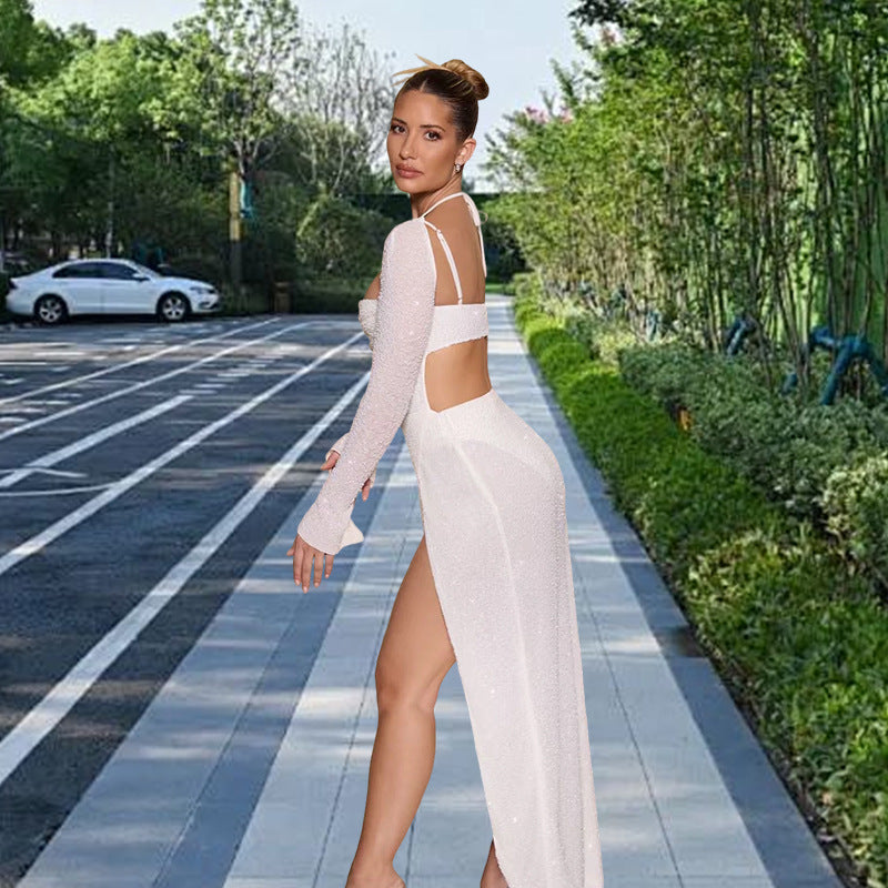 Damer Glamour maxi kjole med glansfulde detaljer og side split Skovae