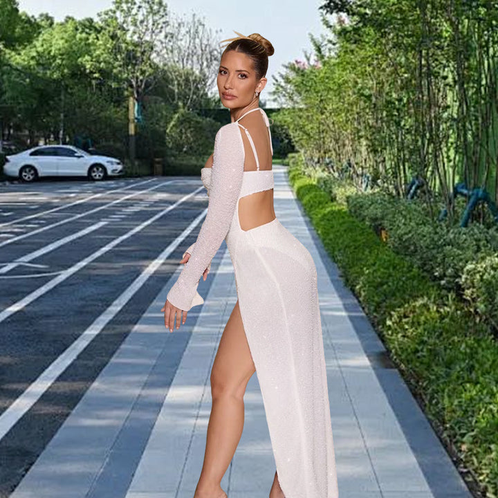 Damer Glamour maxi kjole med glansfulde detaljer og side split Skovae