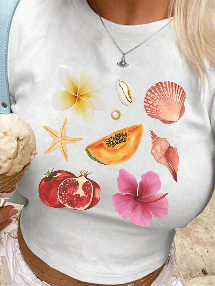 Dame Crop-T-shirt med iøjnefaldende grafisk design og frækt statementtryk Skovae