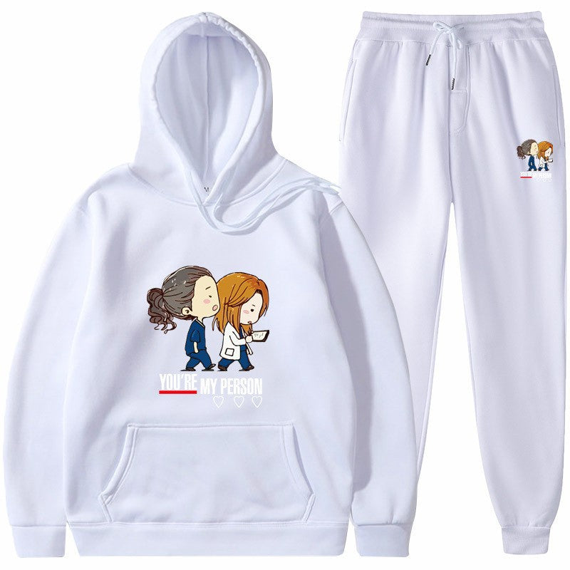 Dame Hoodie og Joggingbukser Sæt med Originalt Tegneserie Design Skovae