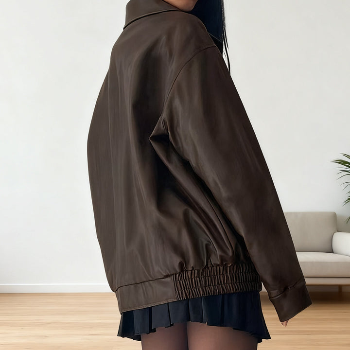 Dame Kunstlæderjakke i afslappet oversized stil med elastiske manchetter Skovae
