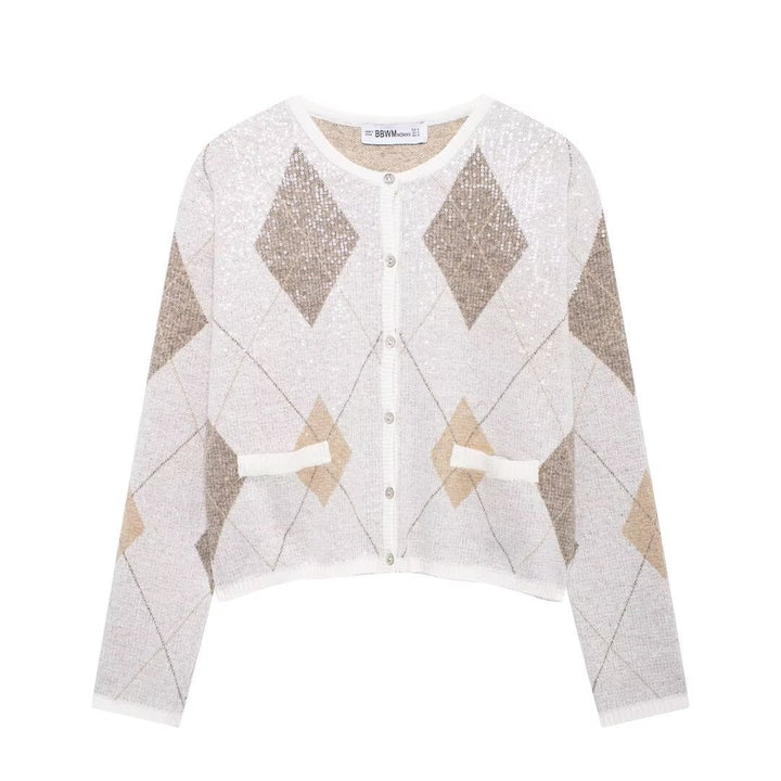 Femme Argyle-mønster Paillette Strik Cardigan Stilla