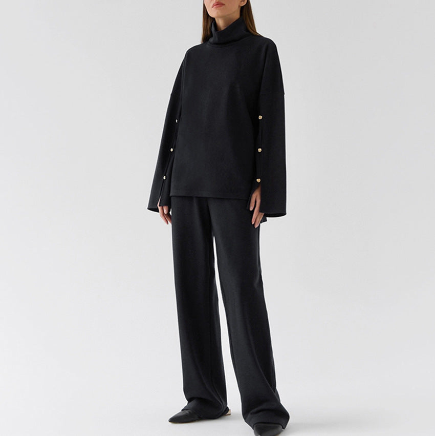 Dame Oversized Sweatshirt og bredbukser sæt med elegante knapdetaljer Stilla