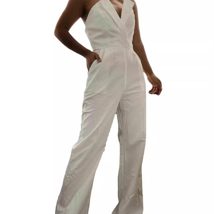 Dame Elegant Jumpsuit med tragtformet U-hals og bredt ben Stilla