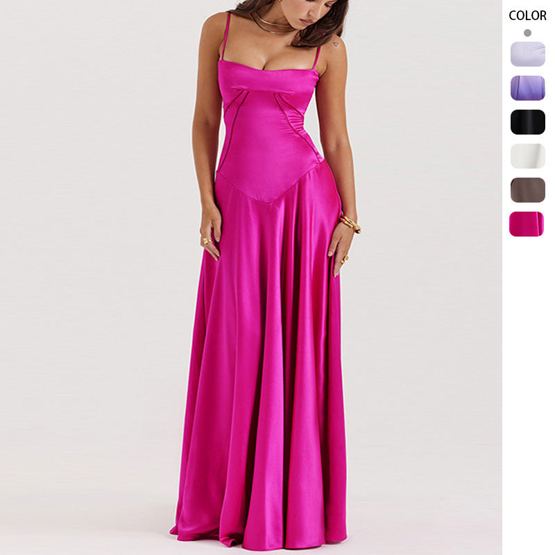 Kvinders elegante satin maxi kjole med slanke stropper og figursyget snit Stilla