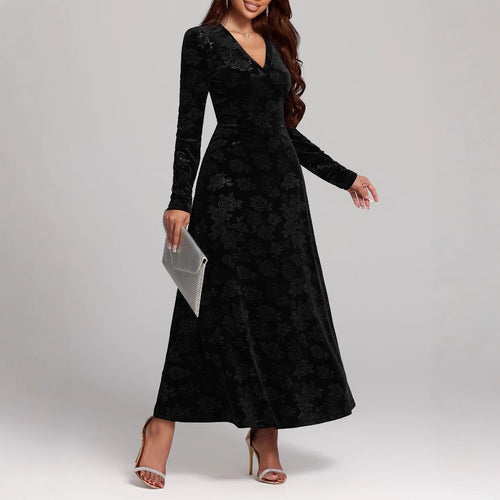 Dame Elegant maxidress i højkvalitets fløjl med lange ærmer og V-hals Stilla