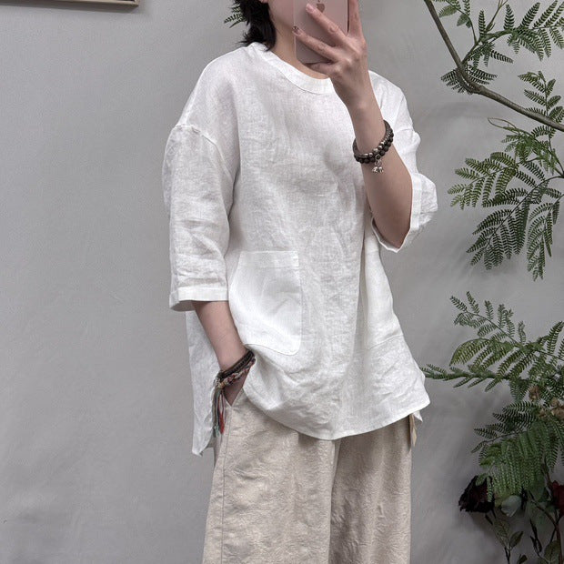 Dame Relaxed Fit Linned Tunika-Oberteil med Lomme Stilla