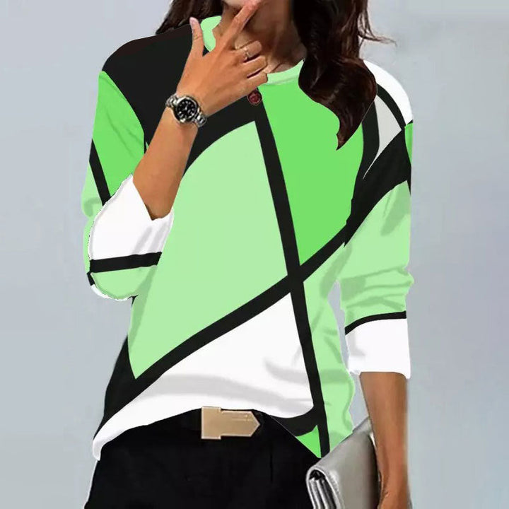 Stilla | Trendy Vintage Geometrisk Print Rund Hals Langærmet T-shirt