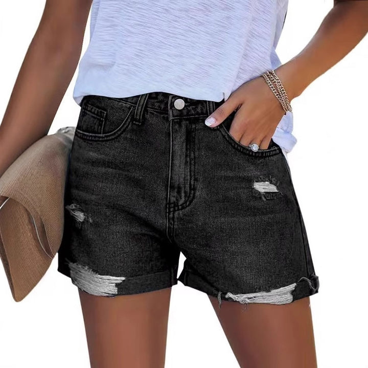 Dame jeansshorts med moderigtige revner og omviklet kant Stilla