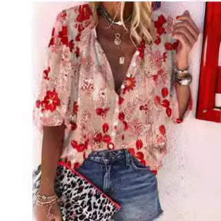 Damebluse i transparent spids med blomsterapplikationer og knapliste Stilla