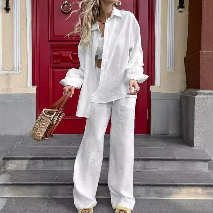 Dame luftig linnedragt med elegant bluse og brede bukser Stilla