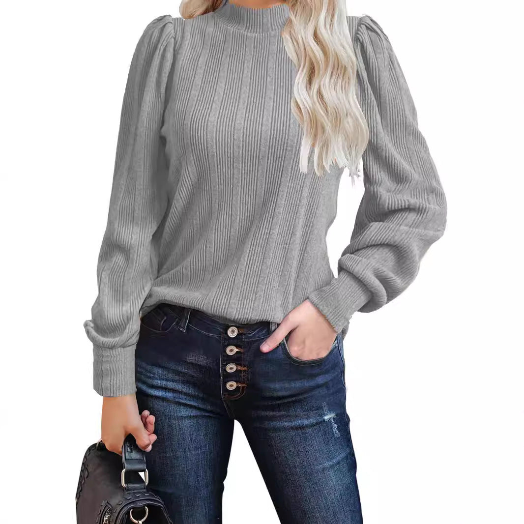 Dame trendy sweater med smal ståkrave og pufærmer Stilla