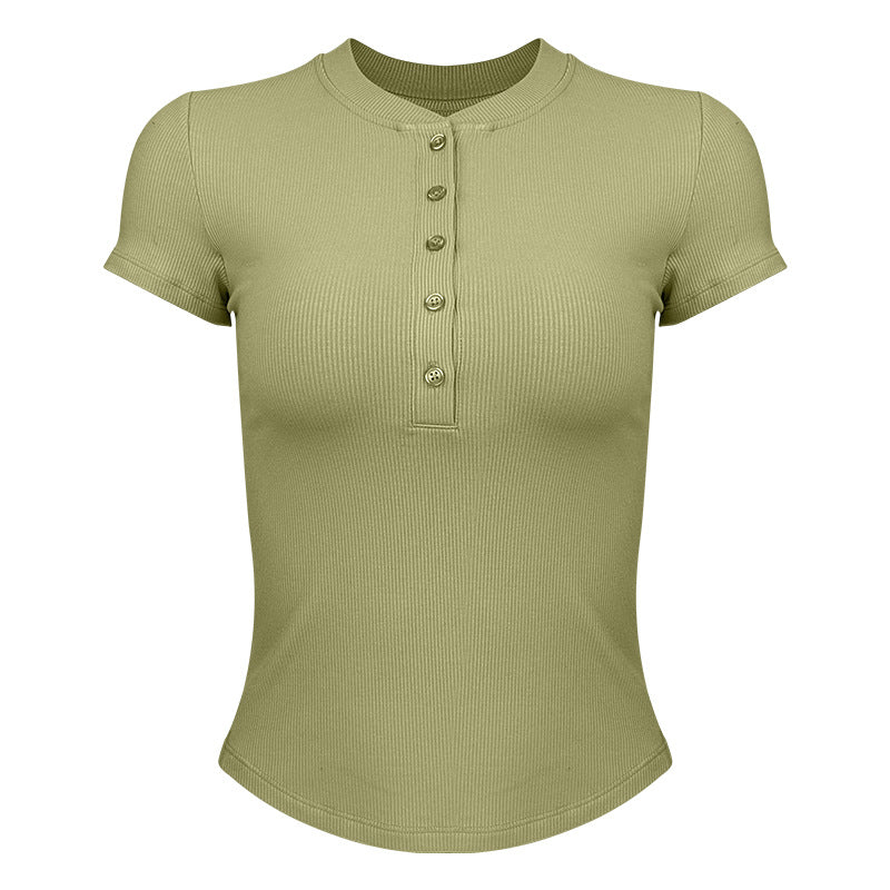 Dame moderne kortærmet Henley-shirt med knaplukning og fin ribstruktur Stilla