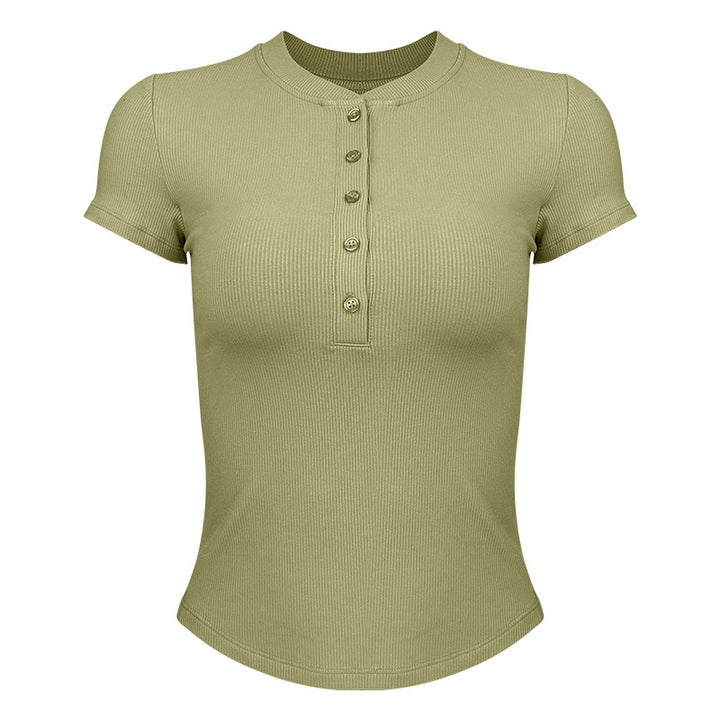 Dame moderne kortærmet Henley-shirt med knaplukning og fin ribstruktur Stilla