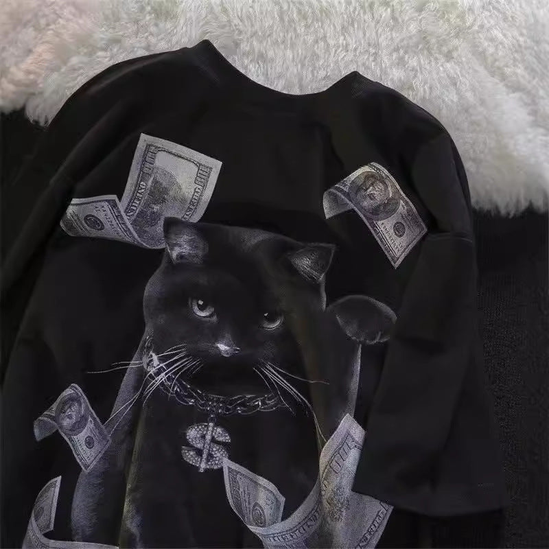 Dame T-shirt med kreativt kattemotiv og eksklusivt penge-design Stilla