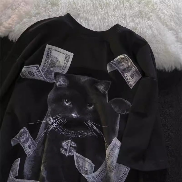 Dame T-shirt med kreativt kattemotiv og eksklusivt penge-design Stilla
