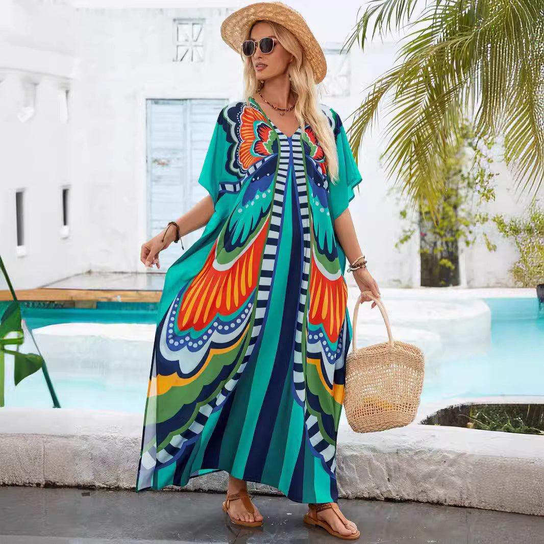 Dame Kaftan Kjole med farverigt blomsterdesign og flydende snit Stilla