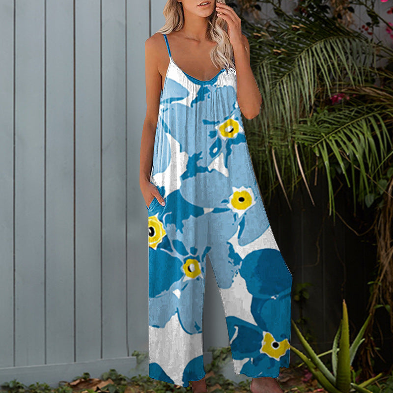 Dame elegant jumpsuit med blomstret mønster og vide ben Stilla