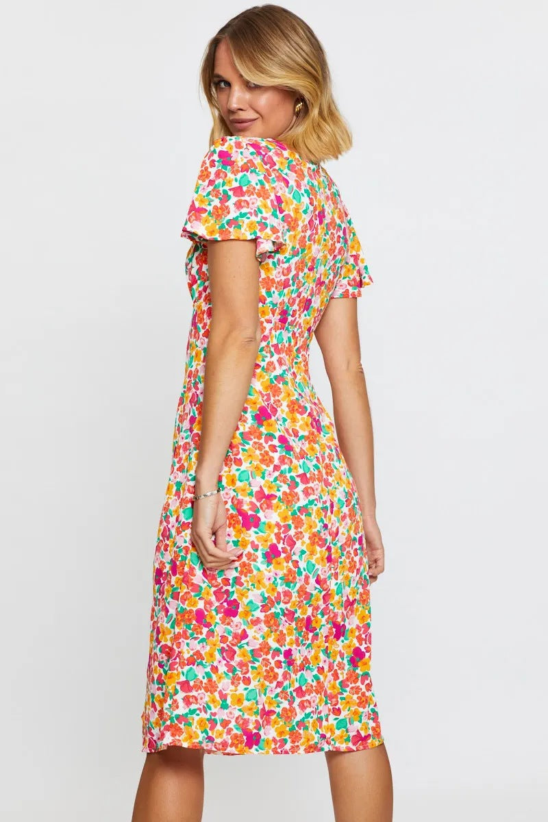 Dame floral print midi kjole med sideslitz og flæseærmer Stilla