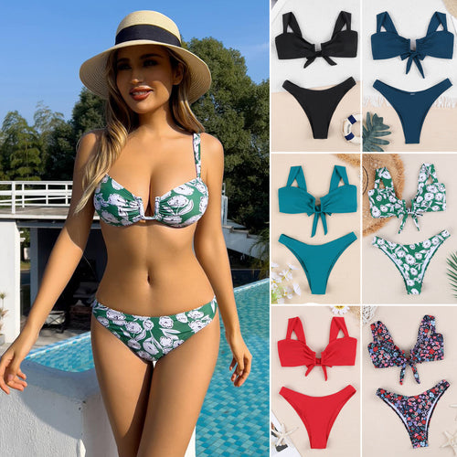 Dame bikini-sæt med attraktivt bånd og blomstertryk Stilla
