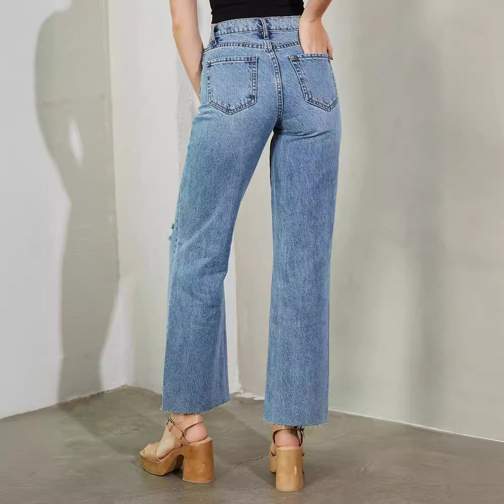 Dame High-Waist Jeans med iøjnefaldende riv detaljer og bredt skåret ben Stilla