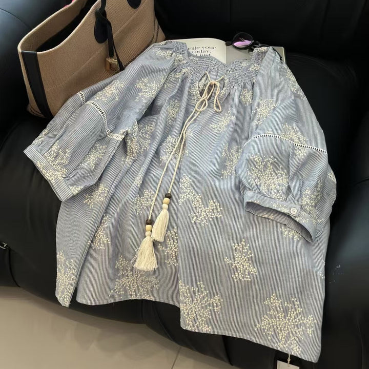 Femme Puff Ærme Broderet Bluse Stilla